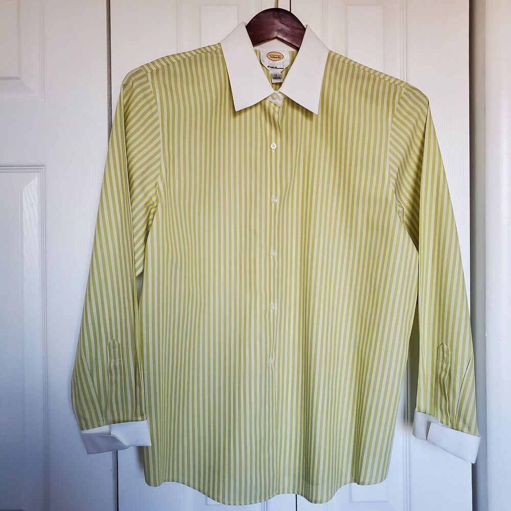 Talbots Button-Down Tailored Shirt White w/ Lime Green Stripes NWT Sz 14 Preppy